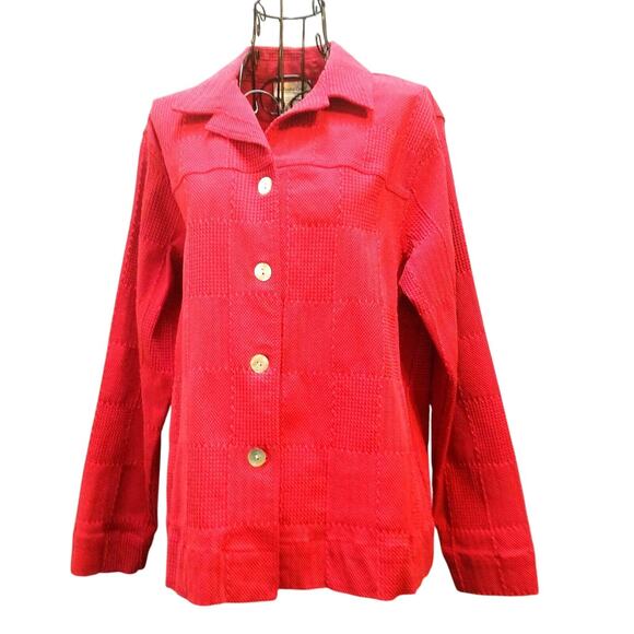Coldwater Creek Jacket Cardigan Size M Red Knit Squares Oyster Shell Buttons - Picture 11 of 11
